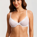 Women's Cosnufy® Mesh Sheer Demi Underwire Unlined Balconette Bra With Lace Trim White
