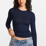 Modal Ribbed Long Sleeve Crew Neck T-Shirt Deep Ocean Blue
