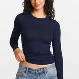 Modal Ribbed Long Sleeve Crew Neck T-Shirt Deep Ocean Blue