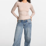 Modal Ribbed Long Sleeve Crew Neck T-Shirt Light Khaki Heather