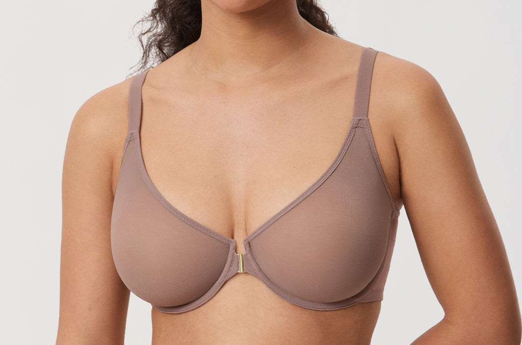 Women's Sheer Mesh Front Closure Posture Bra Brown Purple @model_info:E1
